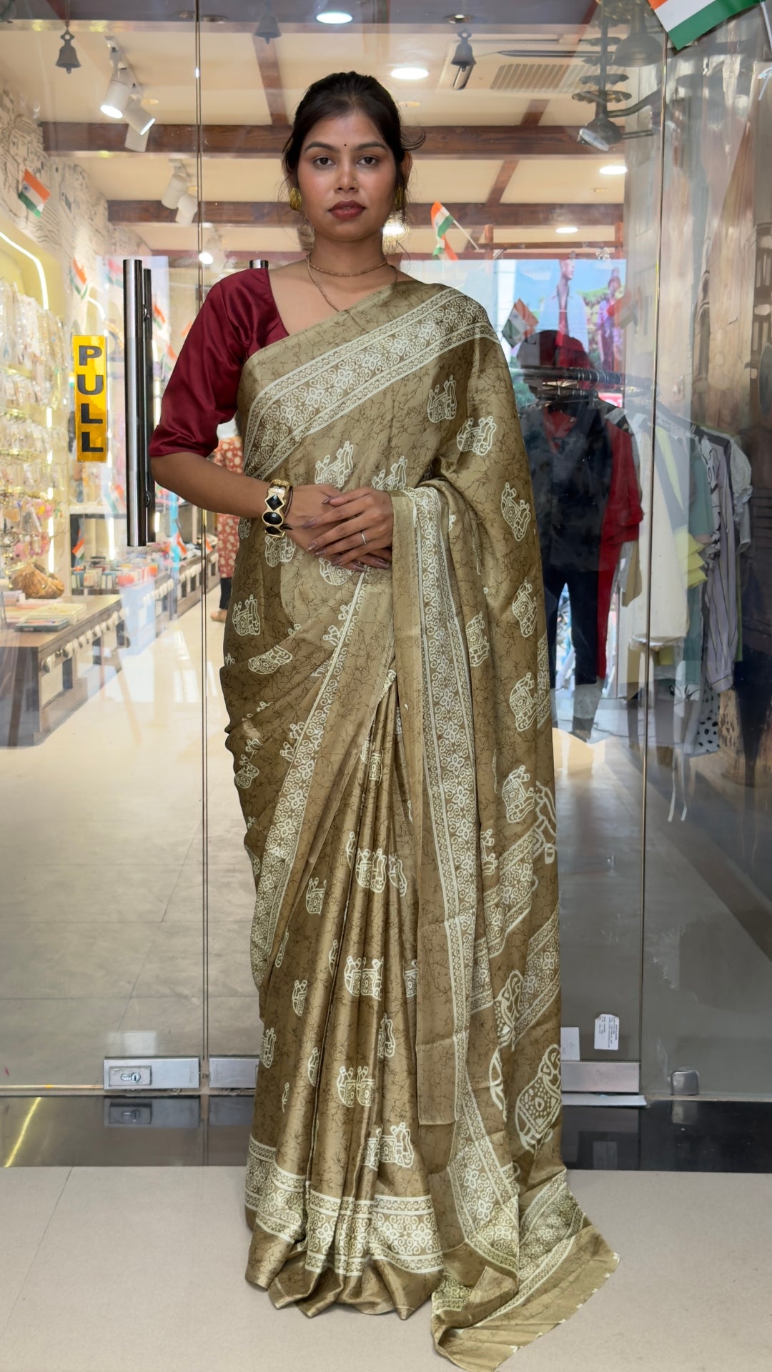 The Royal Olive Gold Saree – Traditional Elephant Motif Soft Silk