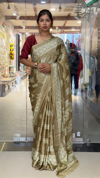 The Royal Olive Gold Saree – Traditional Elephant Motif Soft Silk