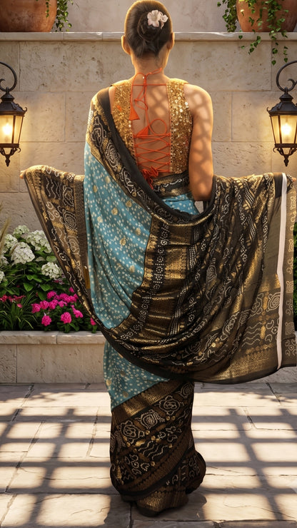 Banarashe Teal Blue Bandhani Saree with Black Printed Border