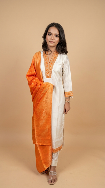 Premium Ivory & Orange Embroidered Straight Kurta With Statement Dupatta Set