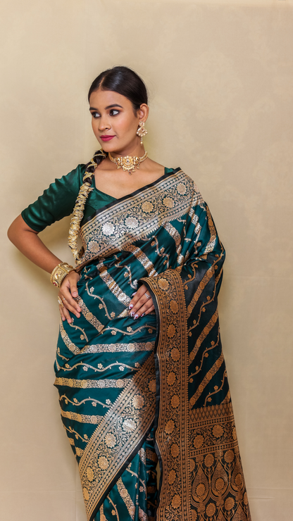 Exquisite Banarashe Katan Silk Saree in Peacock Teal with Intricate Zari Work