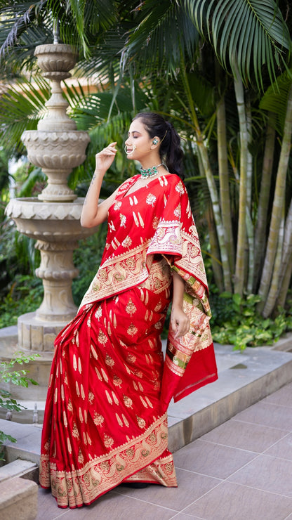 Bridal Blaze Red Banarasi Saree with Gold Woven Motifs