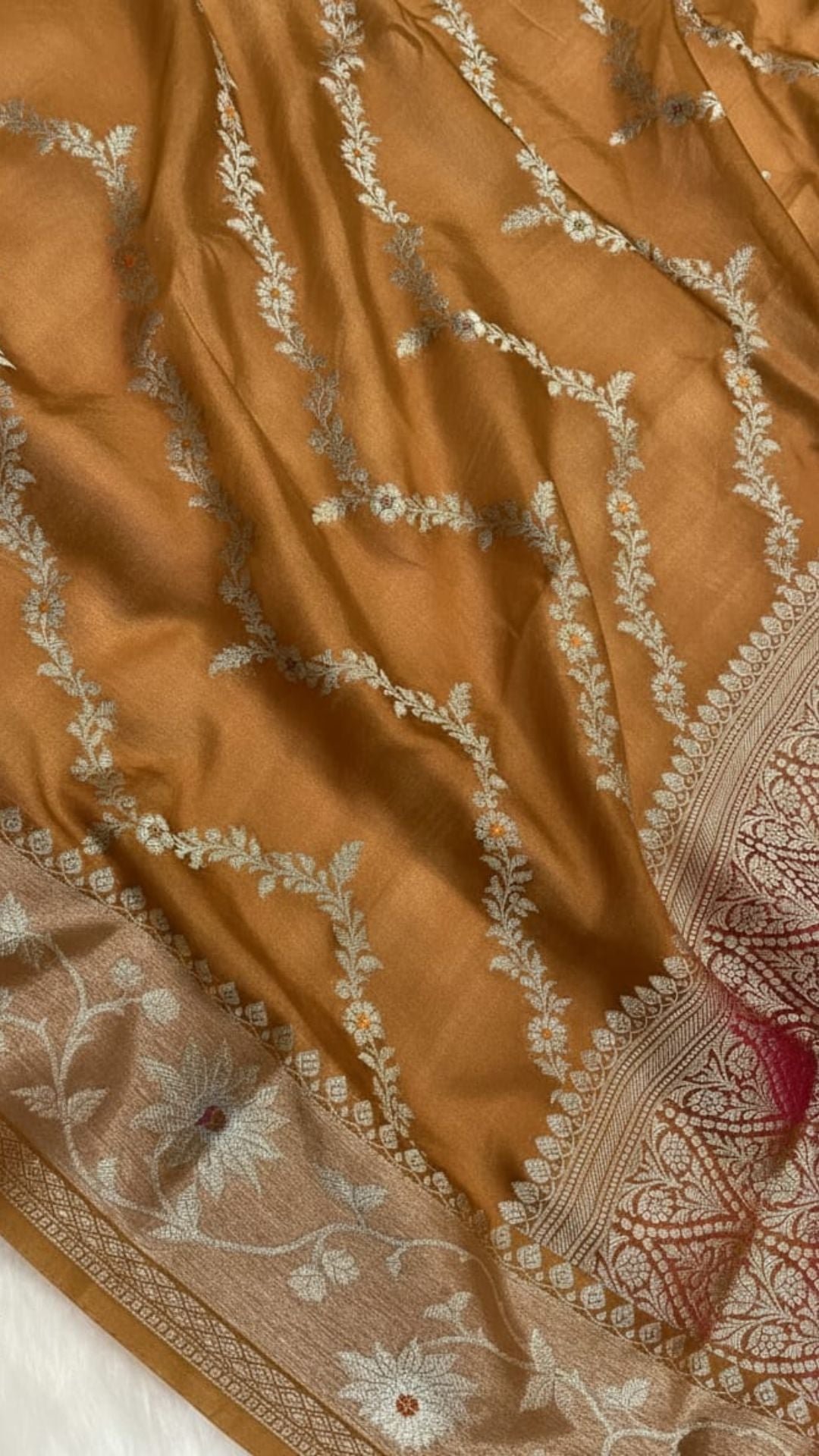 Mustard Yellow Banarasi Semi Chiffon Saree with Zari Laheriya Weaving & Meenakari Work