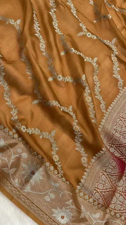 Mustard Yellow Banarasi Semi Chiffon Saree with Zari Laheriya Weaving & Meenakari Work