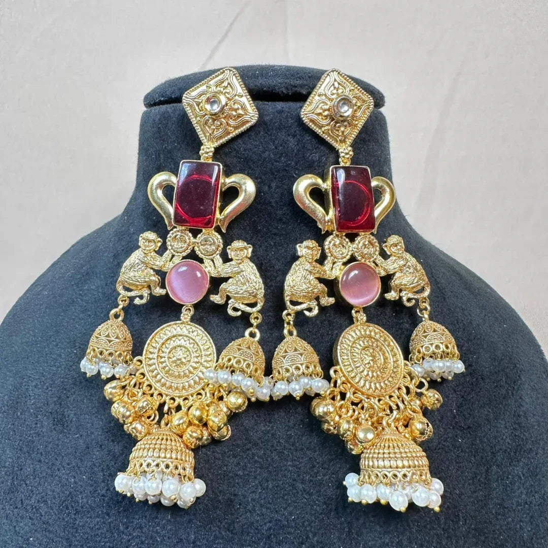 Banarashe Heritage Temple Earrings Red & Pink Gemstone - Baranashe - Banarashe Heritage Temple Earrings Red & Pink Gemstone