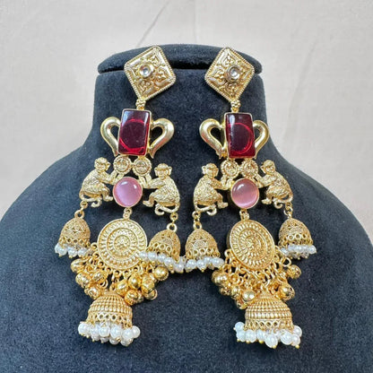 Banarashe Heritage Temple Earrings Red & Pink Gemstone - Baranashe - Banarashe Heritage Temple Earrings Red & Pink Gemstone
