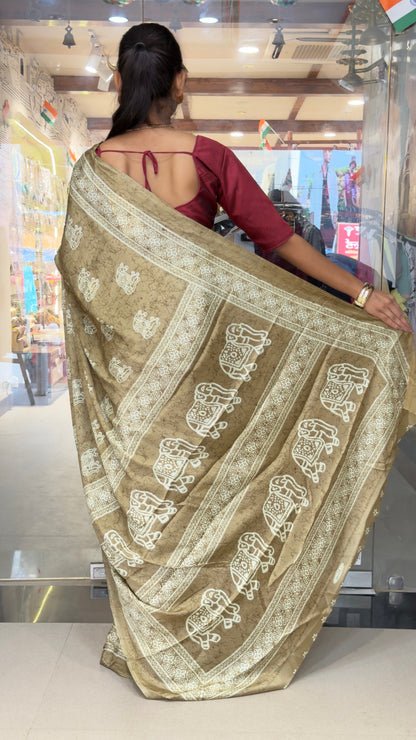 The Royal Olive Gold Saree – Traditional Elephant Motif Soft Silk