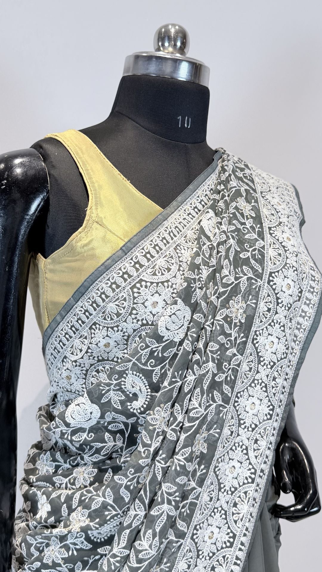 Grey Semi Chikankari Embroidered Saree for Women