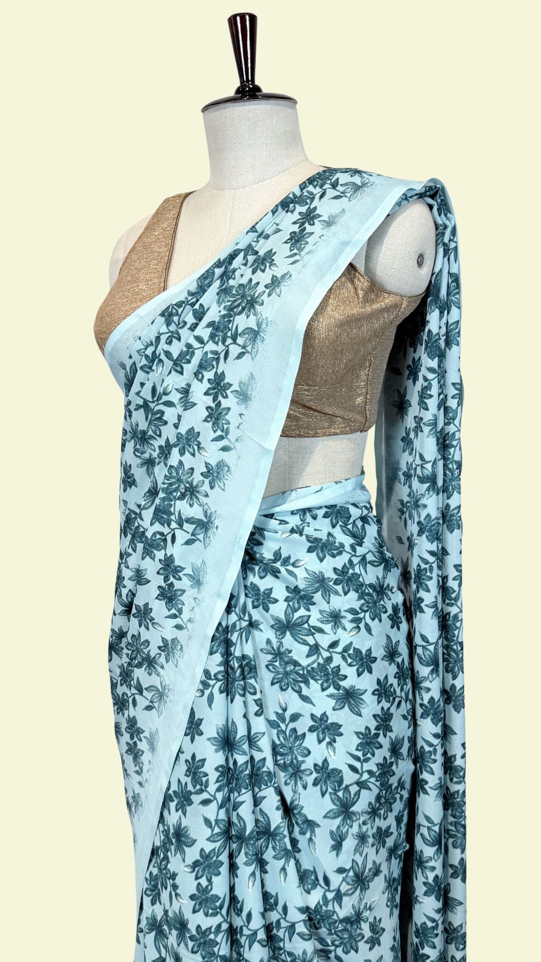 Elegant Blue Floral Print Saree | Lightweight Synthetic