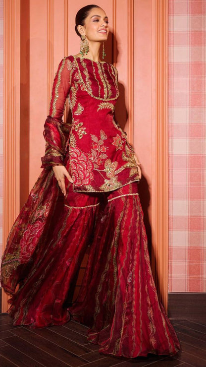 Red Organza Embroidered Short Kurti with Sharara & Dupatta – Sequence & Mirror Work 3 Piece Set