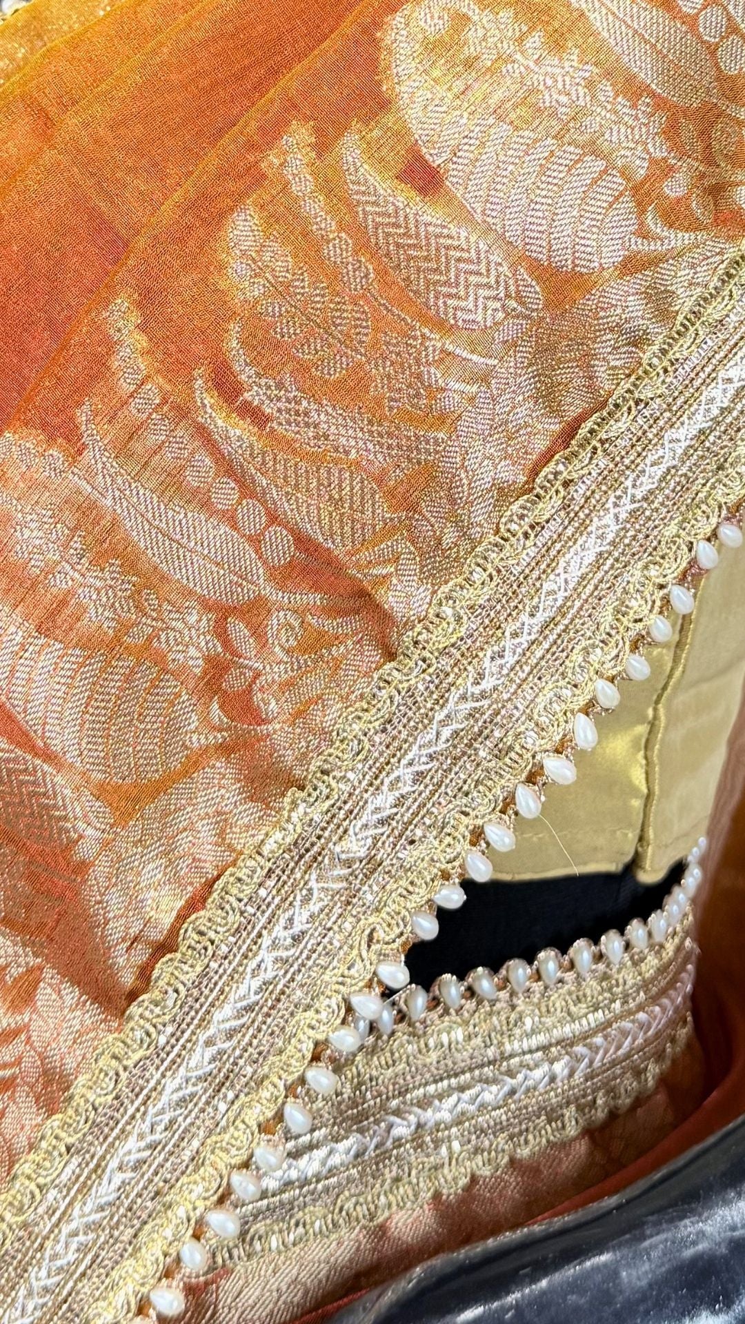 Orange Tissue Saree with Rich Zari Border & Moti Lace