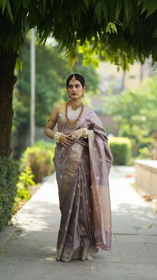 Pure Silk Handloom Kadhwa Zari Booti Saree – Rose Taupe Elegance