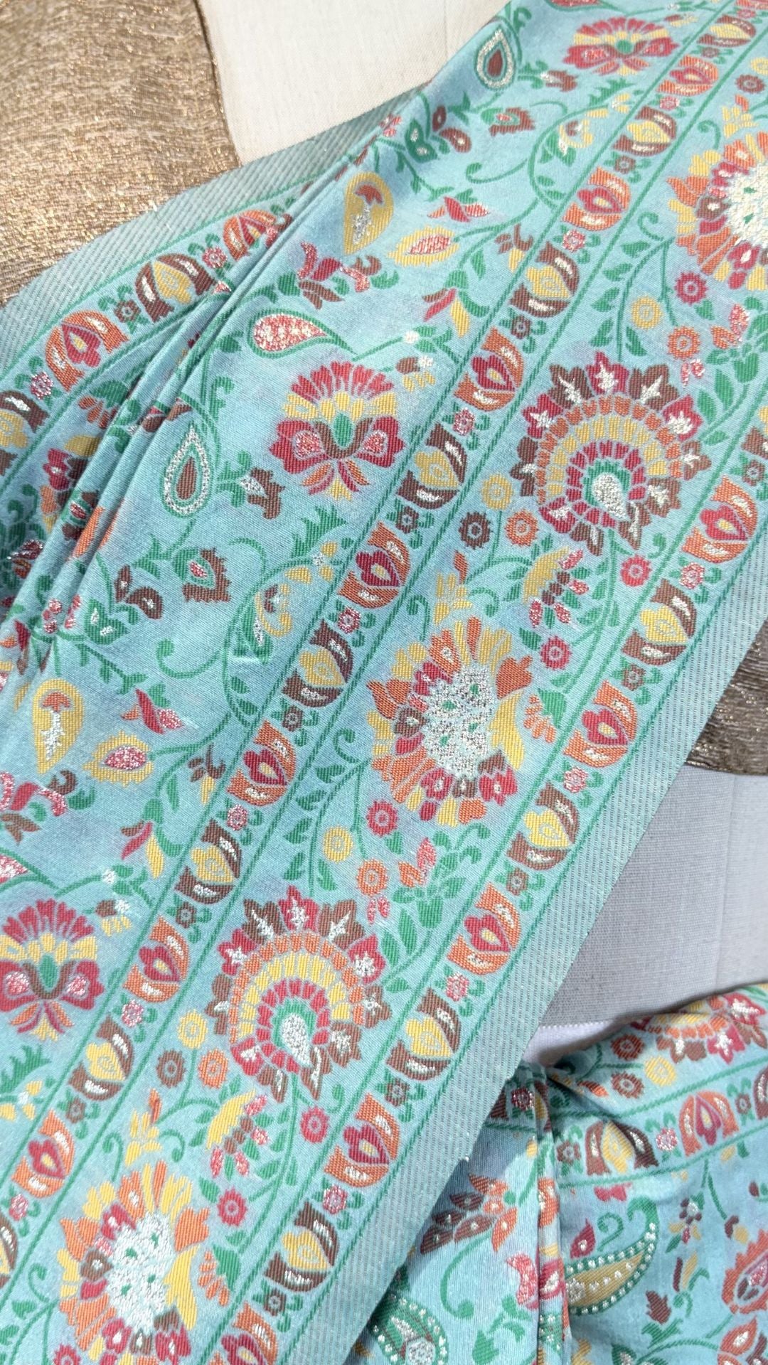 Mint Green Cotton Saree with Floral Meenakari Weaving