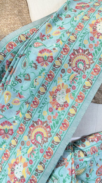 Mint Green Cotton Saree with Floral Meenakari Weaving
