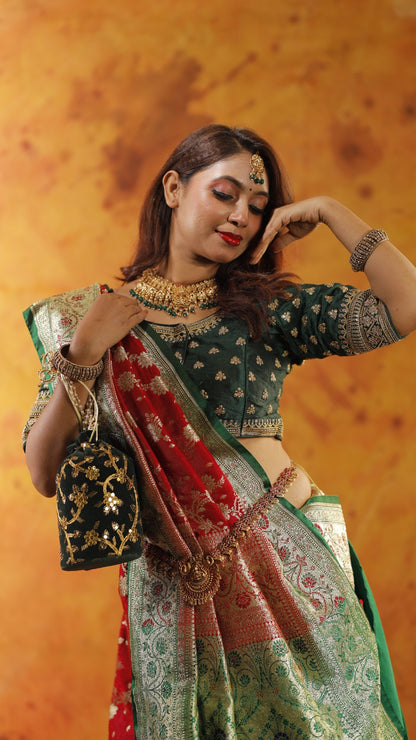 Red with Green Border Zari Work Handloom Katan Pure Silk Saree