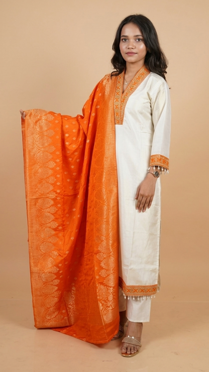 Premium Ivory & Orange Embroidered Straight Kurta With Statement Dupatta Set
