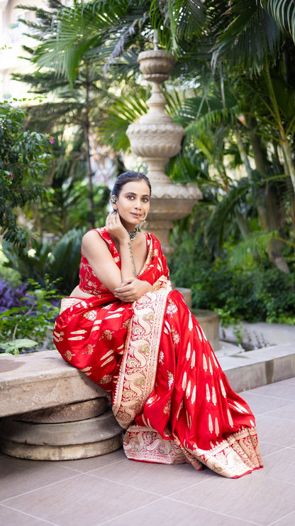 Bridal Blaze Red Banarasi Saree with Gold Woven Motifs