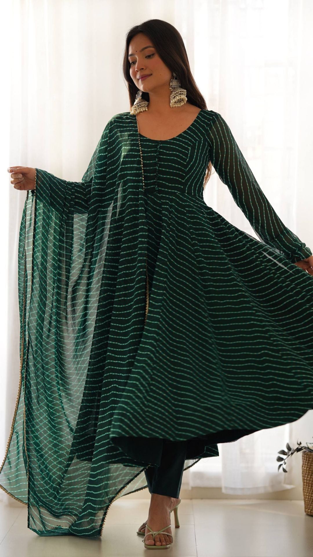 Bottle Green Laheriya Print Anarkali Suit Set with Dupatta