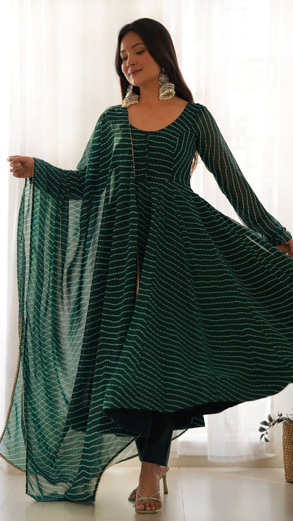 Bottle Green Laheriya Print Anarkali Suit Set with Dupatta
