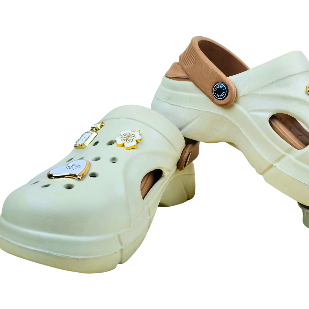 Women's Cream Chunky Platform Clogs with Decorative Charms