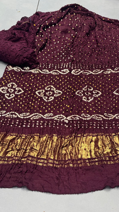 Deep Wine Pure Gaji Silk Hand Bandhani Saree with Original Lagadi Patta