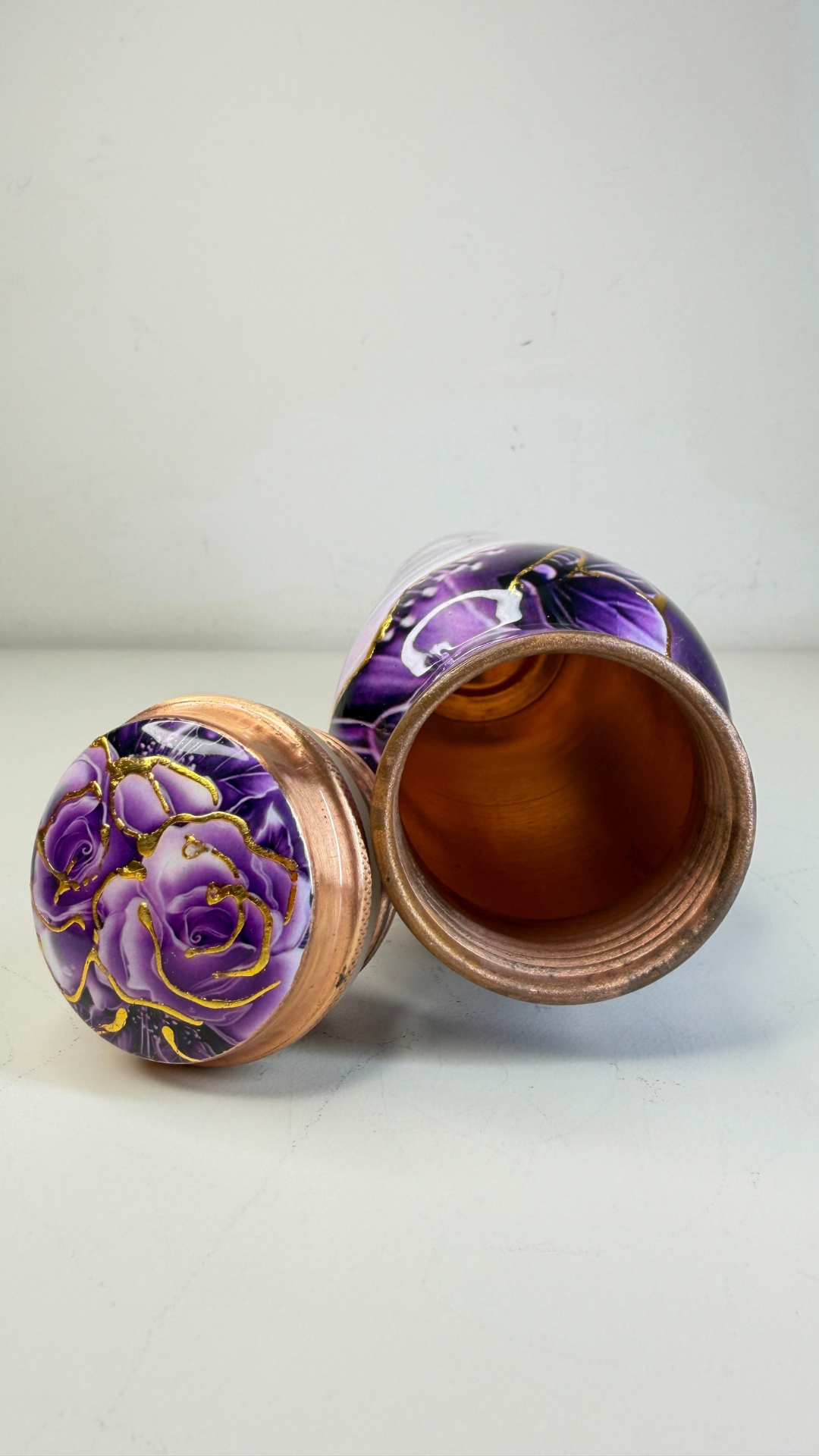Hand-Painted Floral Copper Water Bottle – Vibrant Purple Rose Design with Gold Accents
