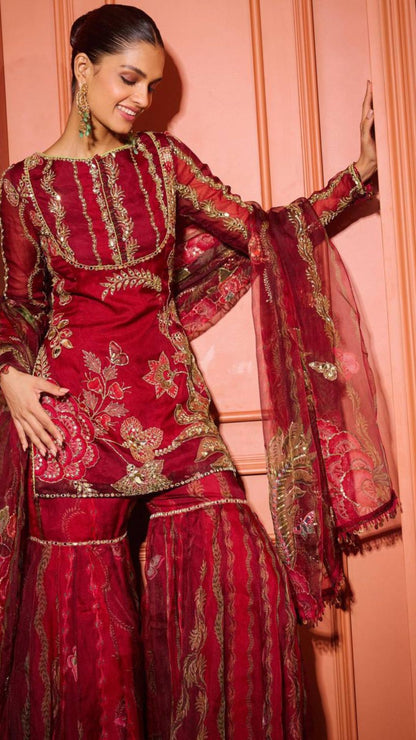 Red Organza Embroidered Short Kurti with Sharara & Dupatta – Sequence & Mirror Work 3 Piece Set
