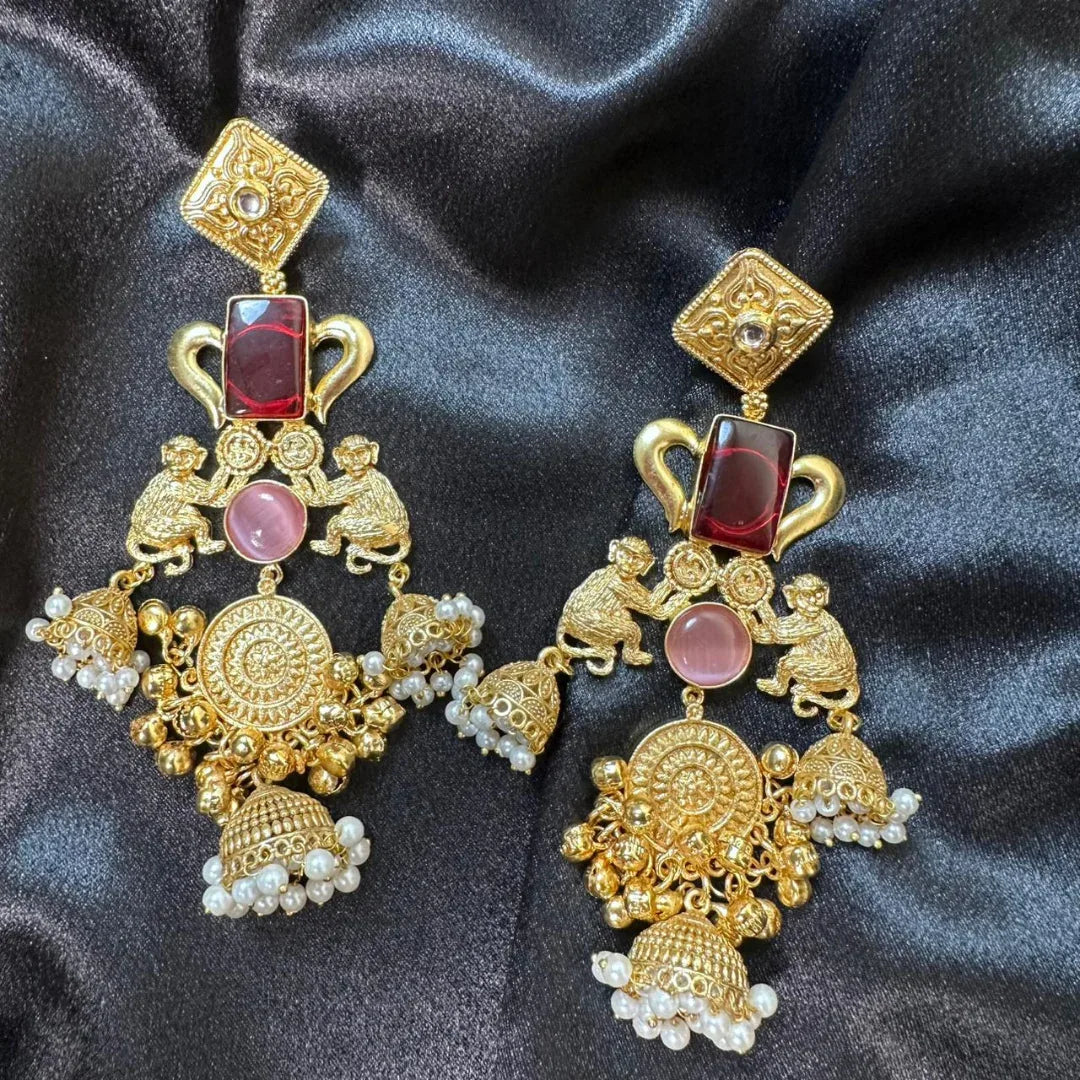 Banarashe Heritage Temple Earrings Red & Pink Gemstone - Baranashe - Banarashe Heritage Temple Earrings Red & Pink Gemstone