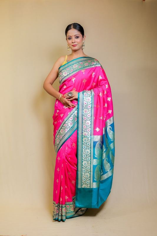 Banarashe Rani Pink & Peacock Blue Designer Banarasi Kataan Satian Silk Saree
