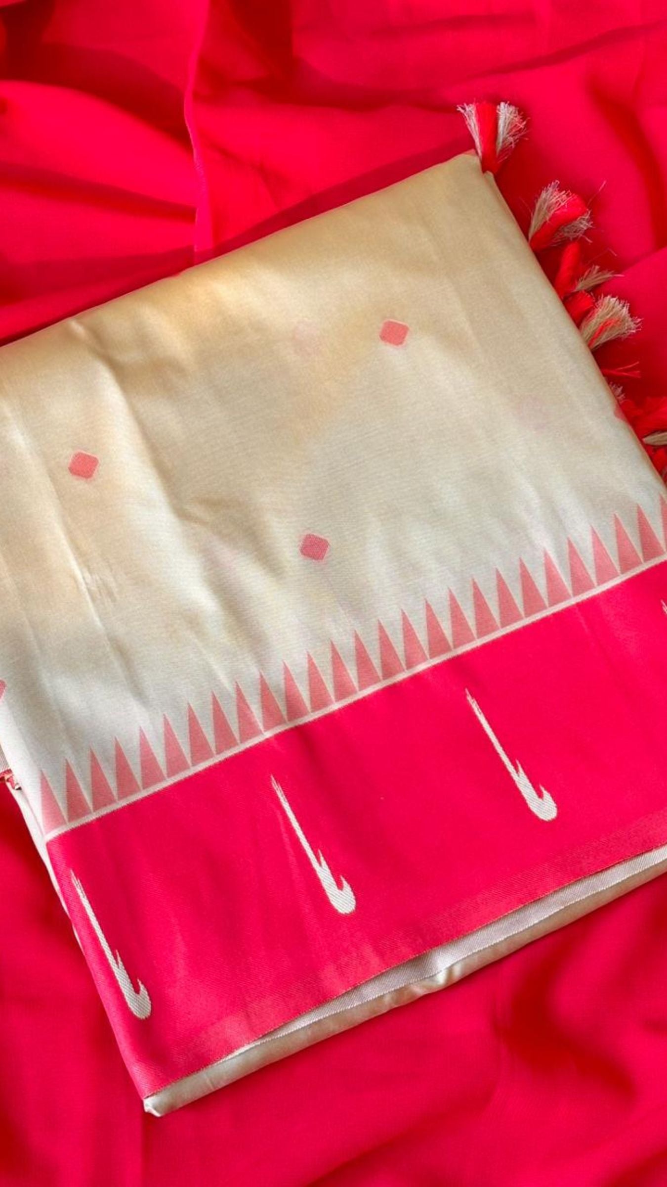 Rich Red & Golden Beige Handloom Soft Silk Saree with Zari Floral