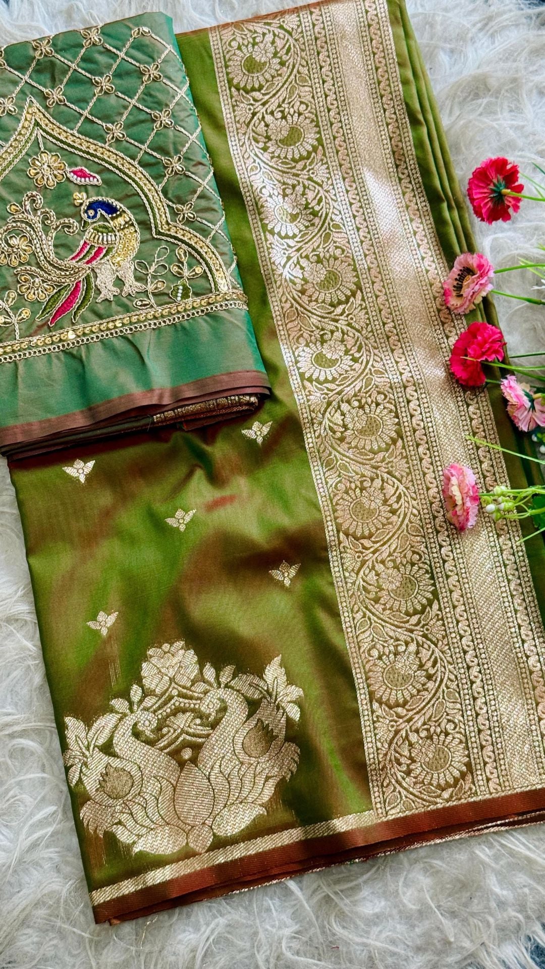 Dual Tone Olive Paithani Saree with Rich Zari & Designer Aari Work Blouse