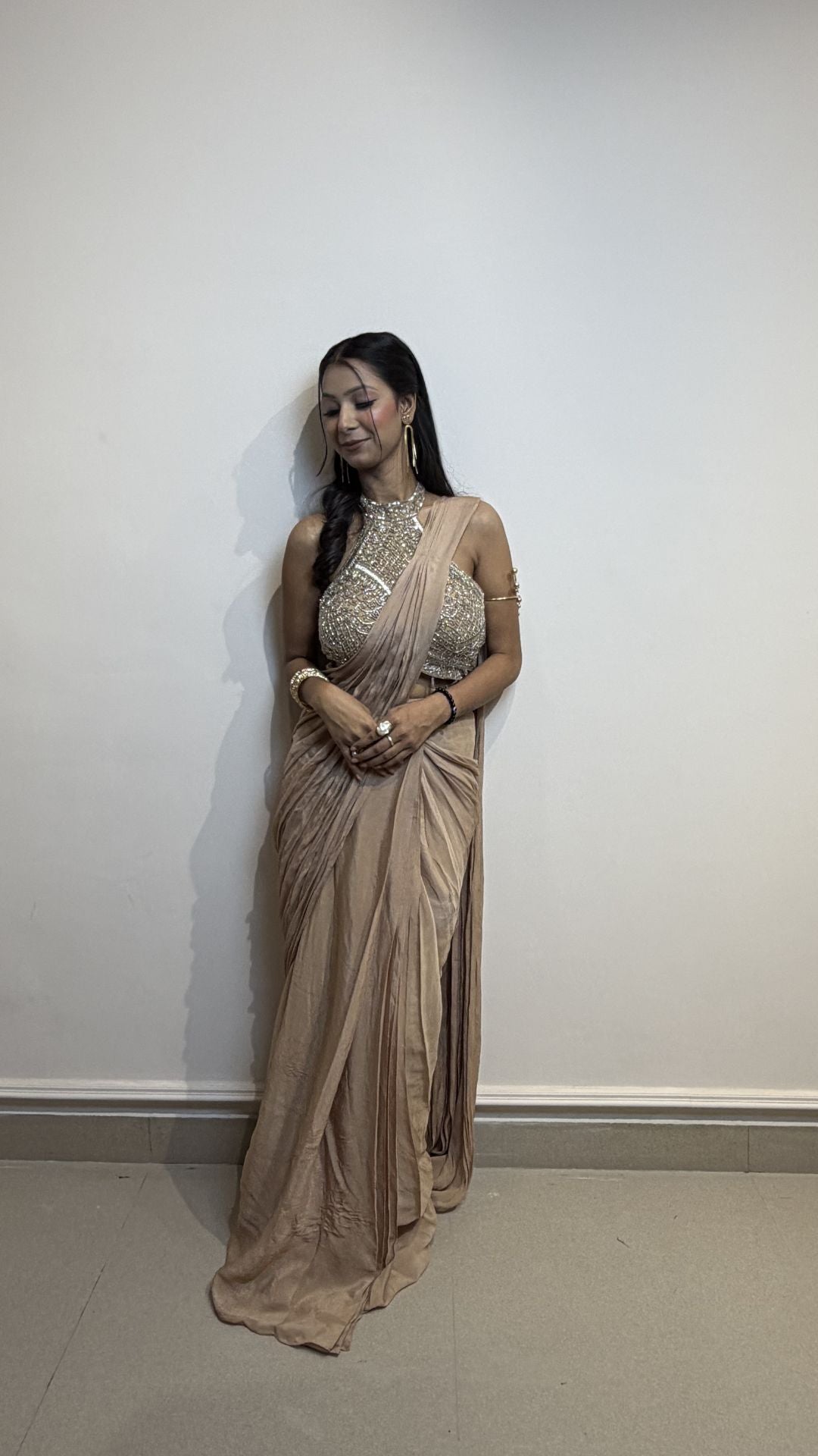 Champagne Gold Designer Draped Saree