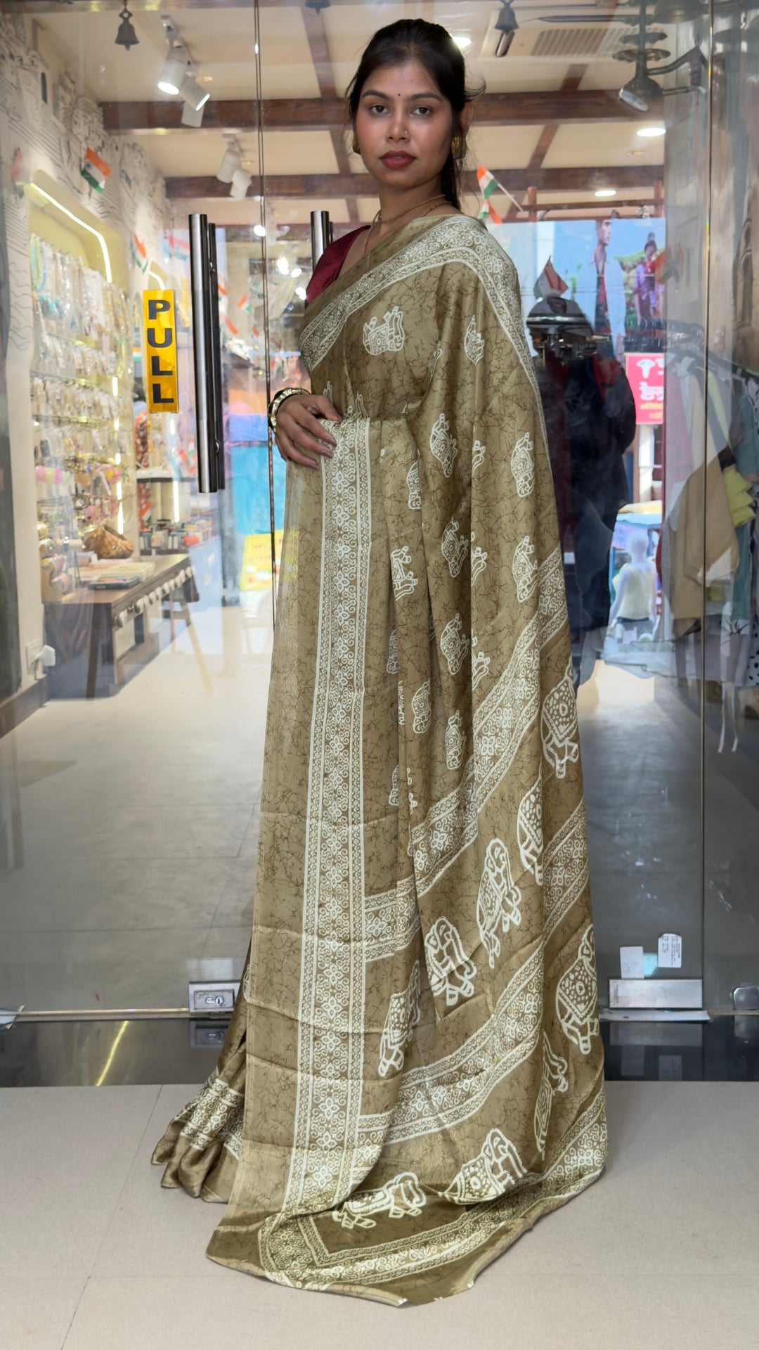 The Royal Olive Gold Saree – Traditional Elephant Motif Soft Silk