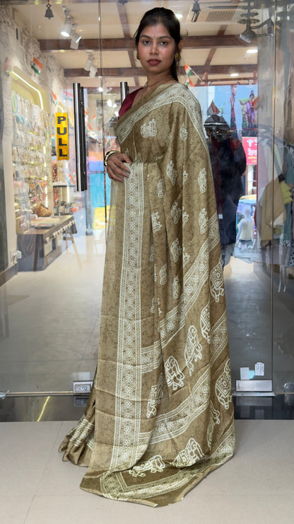 The Royal Olive Gold Saree – Traditional Elephant Motif Soft Silk