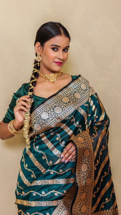Exquisite Banarashe Katan Silk Saree in Peacock Teal with Intricate Zari Work