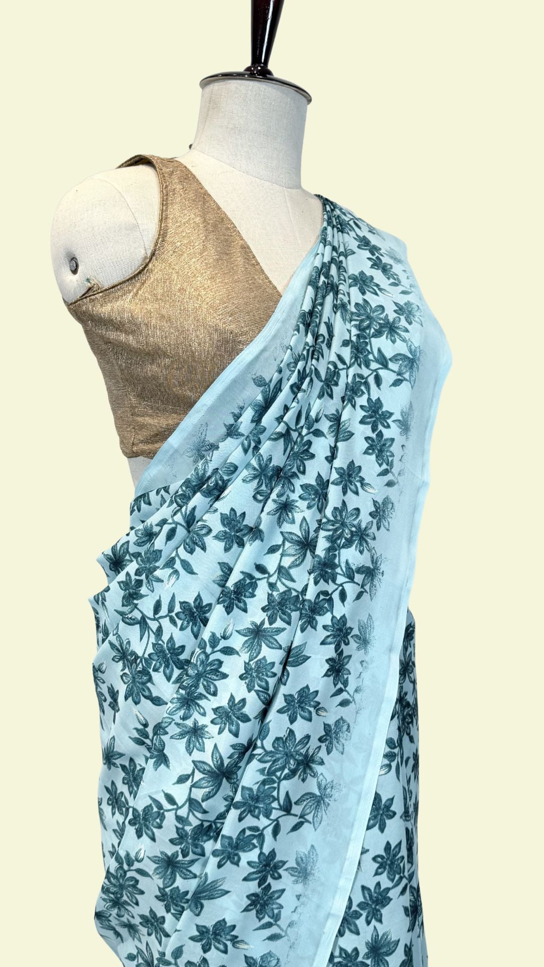 Elegant Blue Floral Print Saree | Lightweight Synthetic