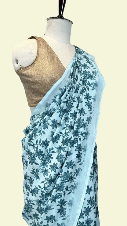Elegant Blue Floral Print Saree | Lightweight Synthetic