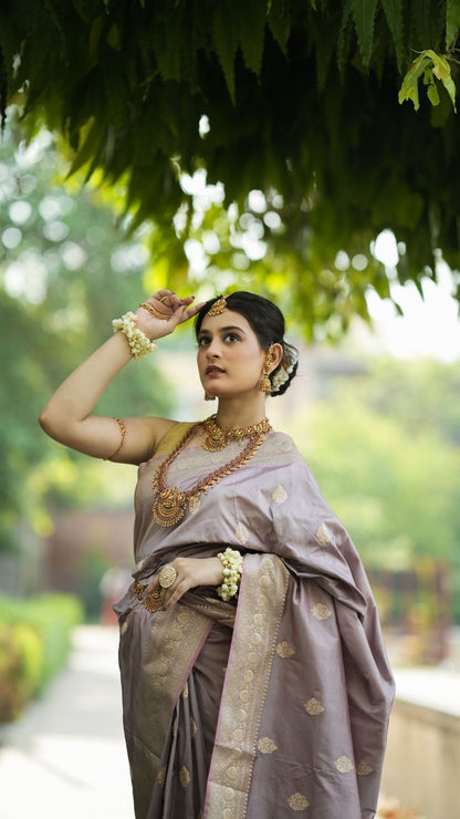 Pure Silk Handloom Kadhwa Zari Booti Saree – Rose Taupe Elegance