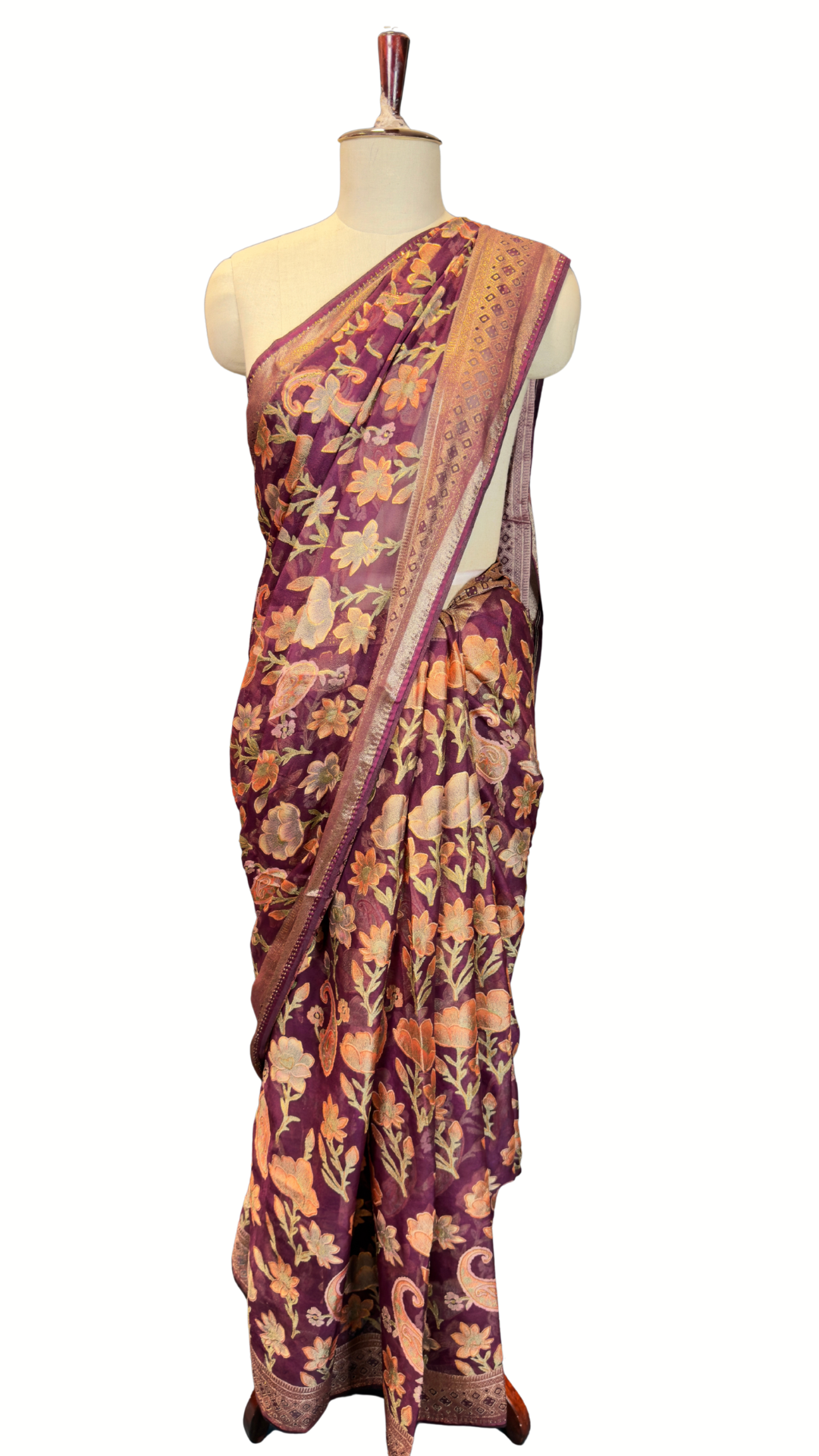 BanaraShe Wine Purple Floral Printed Saree with Multicolour Flowers & Paisley Motifs