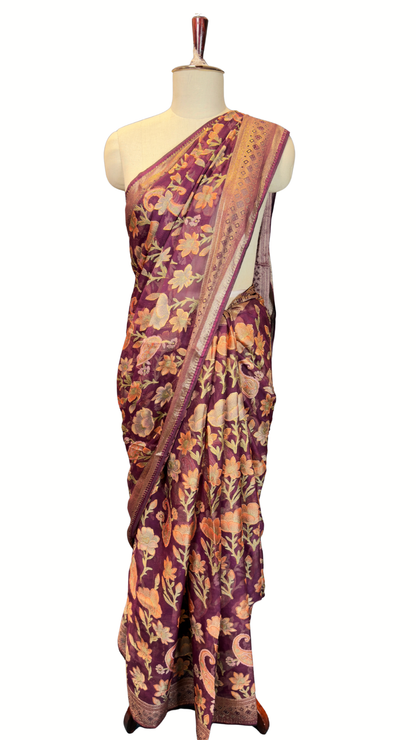 BanaraShe Wine Purple Floral Printed Saree with Multicolour Flowers & Paisley Motifs