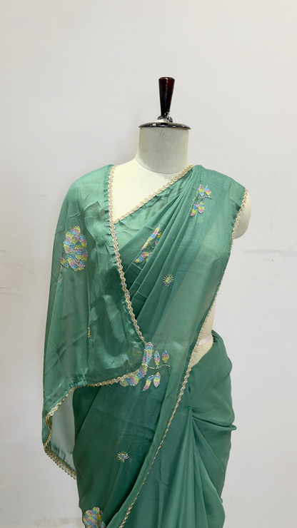 Banarashe Green Embroidered Saree with Multicolour Floral Motifs & Delicate Gold Lace Border