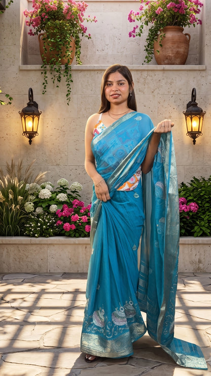 The Royal Teal Blue Embroidered Soft Saree