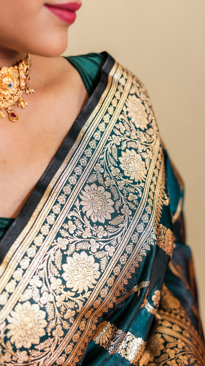 Exquisite Banarashe Katan Silk Saree in Peacock Teal with Intricate Zari Work