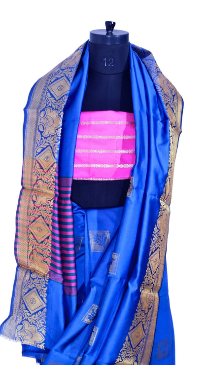 Blue with Pink Contrast Banarasi Silk Saree