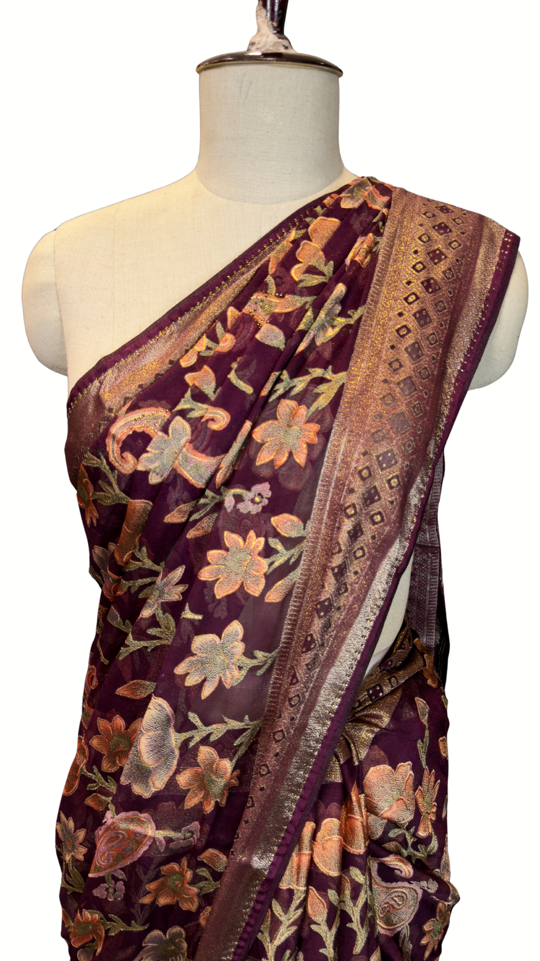 BanaraShe Wine Purple Floral Printed Saree with Multicolour Flowers & Paisley Motifs