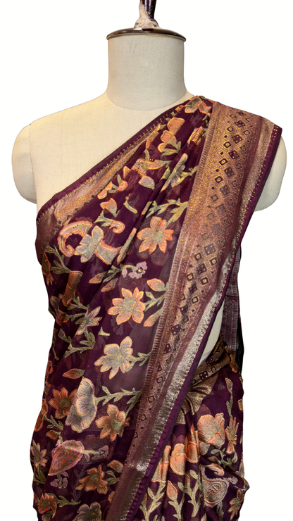 BanaraShe Wine Purple Floral Printed Saree with Multicolour Flowers & Paisley Motifs