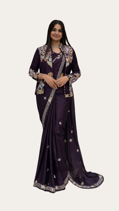 Ready-to-Wear Plum Saree Set with Intricate Embroidery Jacket