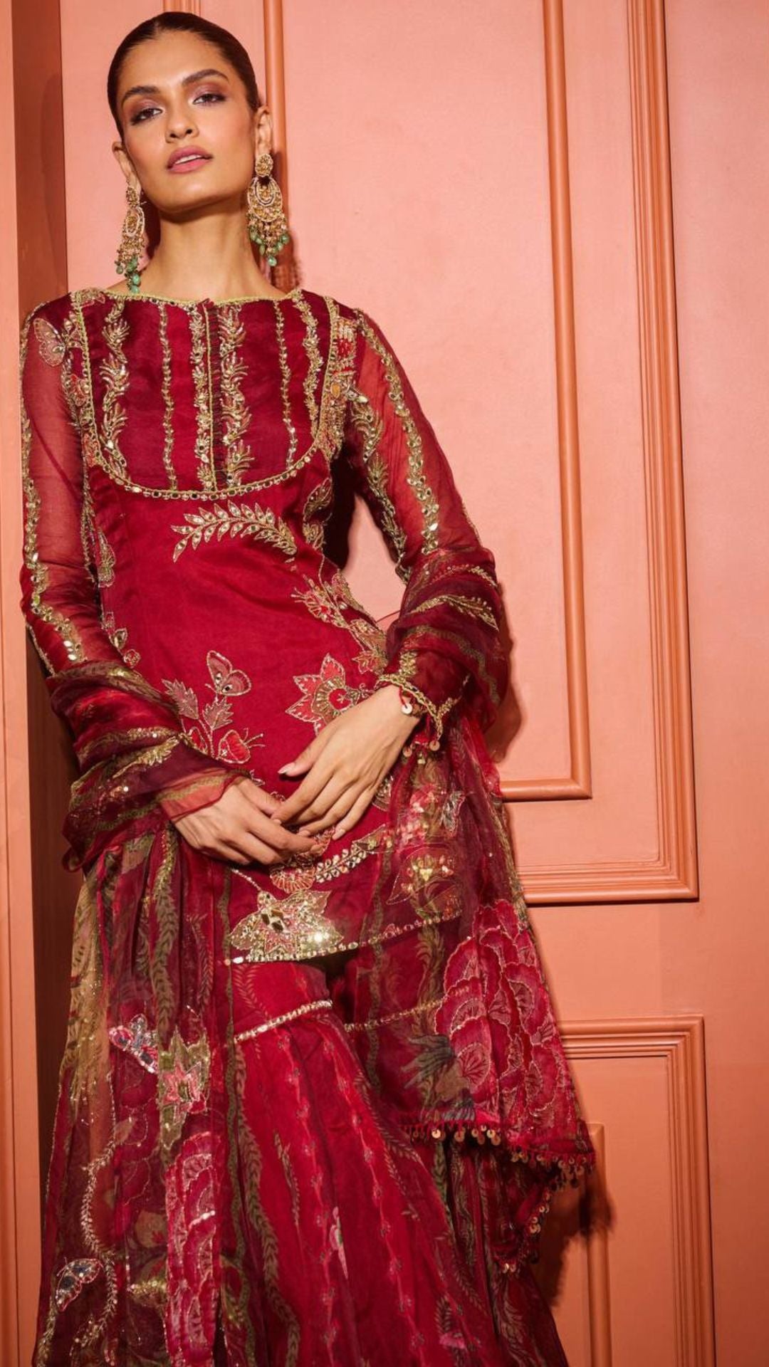 Red Organza Embroidered Short Kurti with Sharara & Dupatta – Sequence & Mirror Work 3 Piece Set