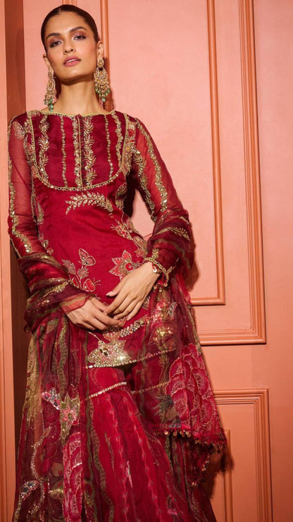 Red Organza Embroidered Short Kurti with Sharara & Dupatta – Sequence & Mirror Work 3 Piece Set