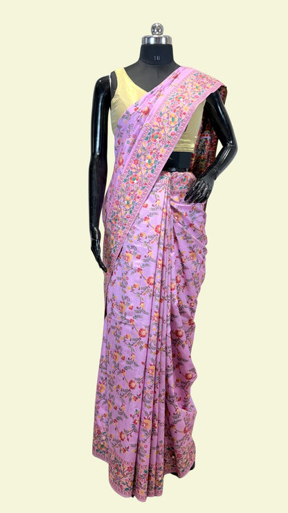 Lavender Banarasi Cotton Saree with Floral Meenakari Weaving